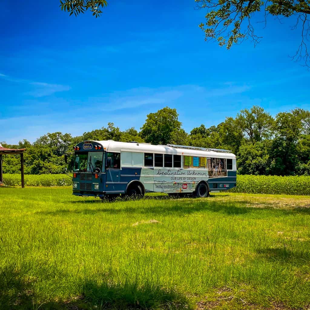 Skoolie parked in sunflower field | Magical Skoolie Glamping In A Sunflower Field | Pitts, Georgia, USA