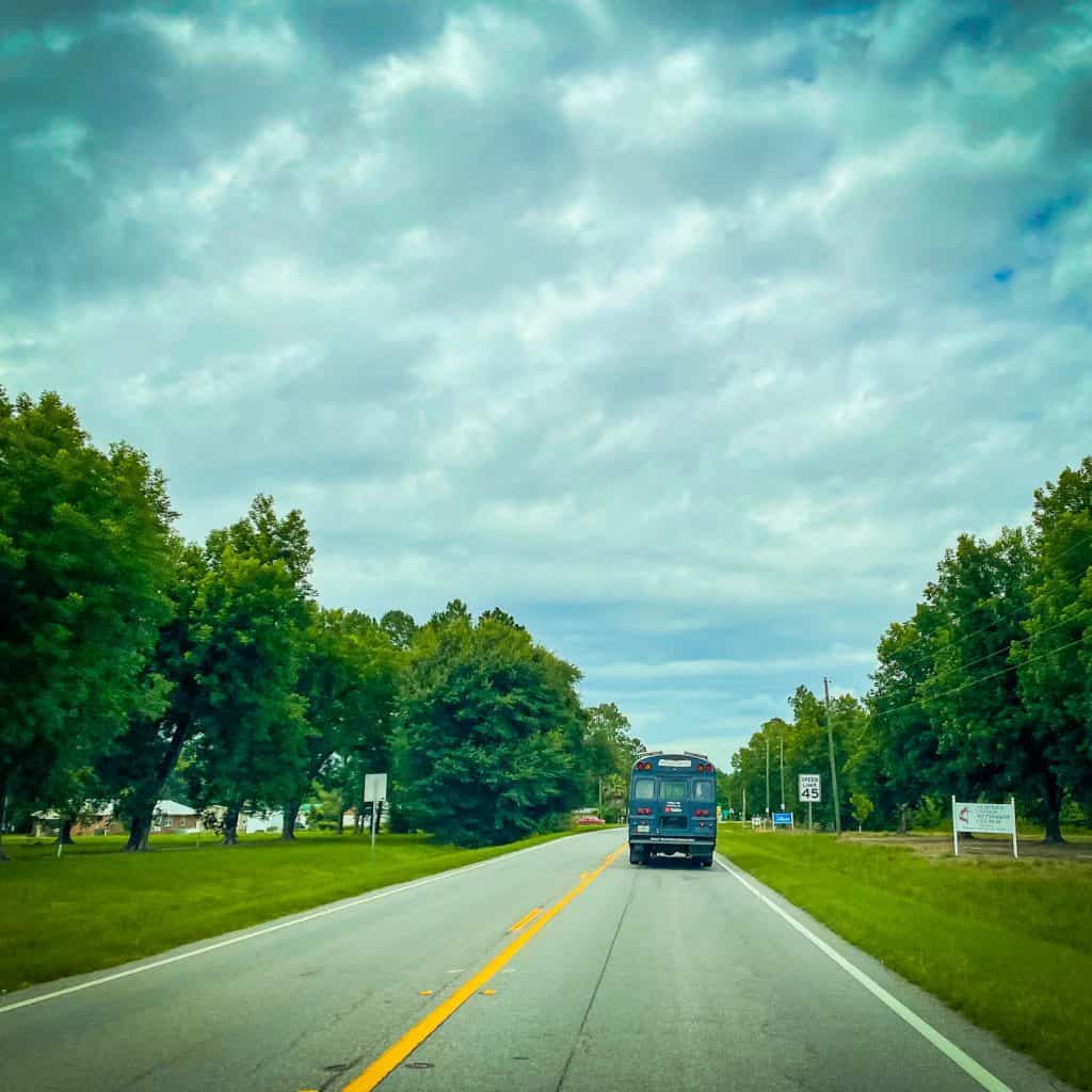 Skoolie driving by pecan trees | Magical Skoolie Glamping In A Sunflower Field | Pitts, Georgia, USA