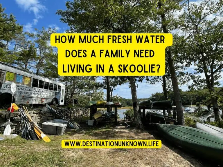 A photo of the HildeBus skoolie parked along a waterfront. The text reads "How much fresh water does a family need living in a skoolie?"