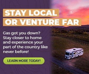 A photo with text advertising a Harvest Hosts experienceand a picture an RV in a field.