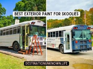 Photo on the left of a school bus exterior primed with white paint. A photo on the right of a fully painted school bus conversion in blue and white paint.