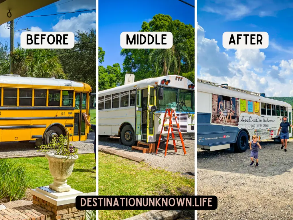 Photos of the beginning, middle, and end of the school bus conversion exterior paint job.