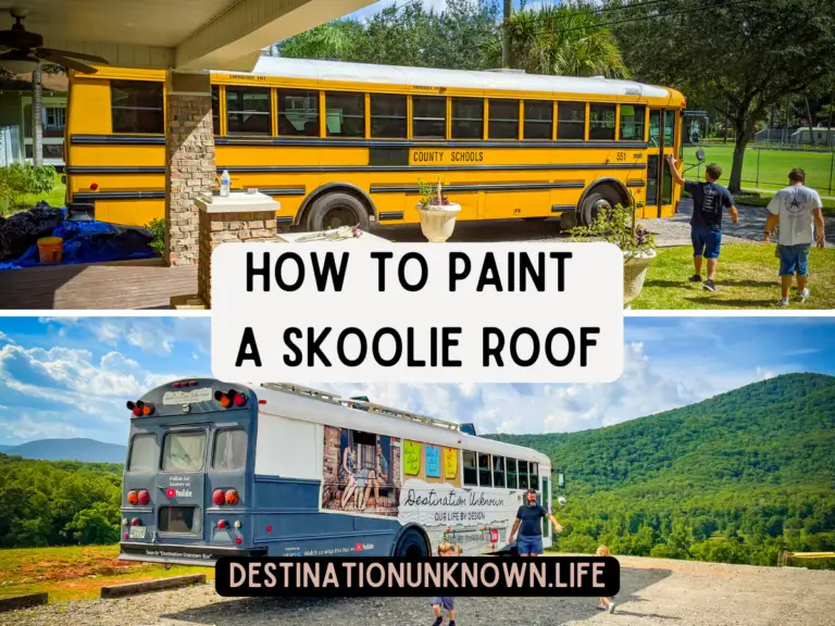 A photo of an unpainted school bus roof on top and a completed school bus conversion with painted roof on the bottom.