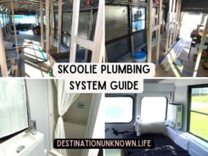 4 images: two showing the framing of a school bus conversion, and two showing the completed plumbing finishes of a bathroom and hot water heater.