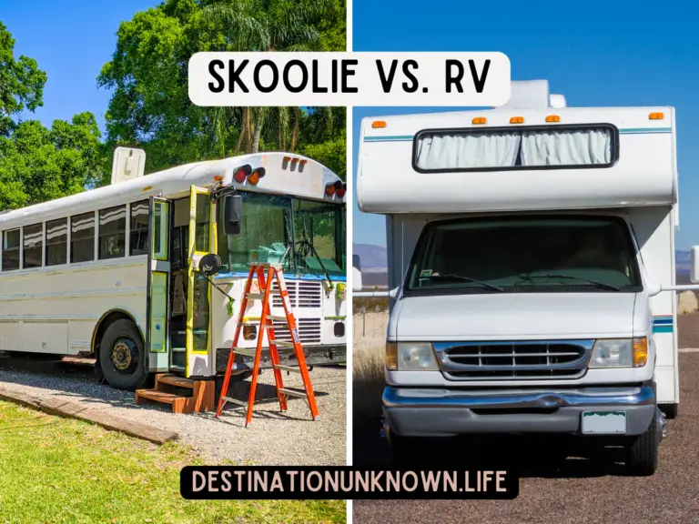 A split photo. On the left is a photo of a 33 foot school bus conversion. On the right is a photo of a Class B RV (approximately 28 feet long).