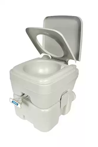 Camco 5.3-Gallon Portable Travel Toilet | Features Detachable Holding Tank w/Sealing Slide Valve & Bellow-Type Flush | Easy Transport w/Compact Lightweight Design & Carry Handle | Gray (41541)