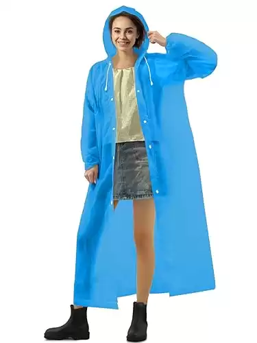 PTEROMY EVA Rain Poncho, Reusable Rain Ponchos for Adults, Unisex Rain Coat with Hood and Elastic Cuff Sleeves (Blue,1 Pack)