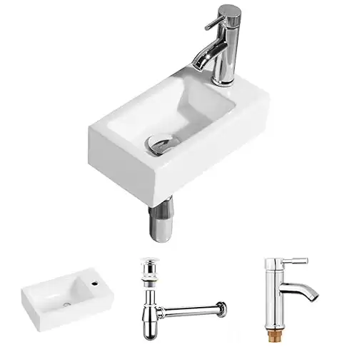 Gimify Bathroom Corner Sink Wall Hung Basin Rectangular Wall Mounted Small Cloakroom Sink Ceramic Modern in White - Faucet & No Overflow Drain Included