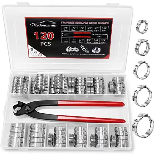 120PCS 5 Sizes PEX Clamps Kit with Plier, 1/2'', 3/4'', 3/8”, 5/8'', 1'', Premium 304 Stainless Steel Cinch Crimp Rings, PEX Tool Kit Assortment for PEX Tubing Pipe Fitting Connections By Hydencamm