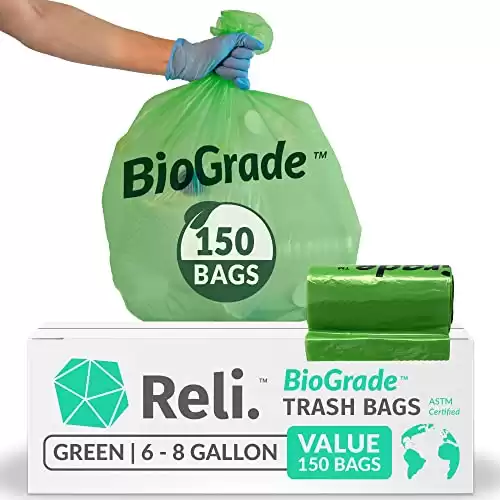 Reli. Biodegradable 6-8 Gallon Trash Bags | 150 Count | ASTM D6954 | Green | Eco-Friendly | Oxobiodegradable Under Certain Conditions (See Product Description)